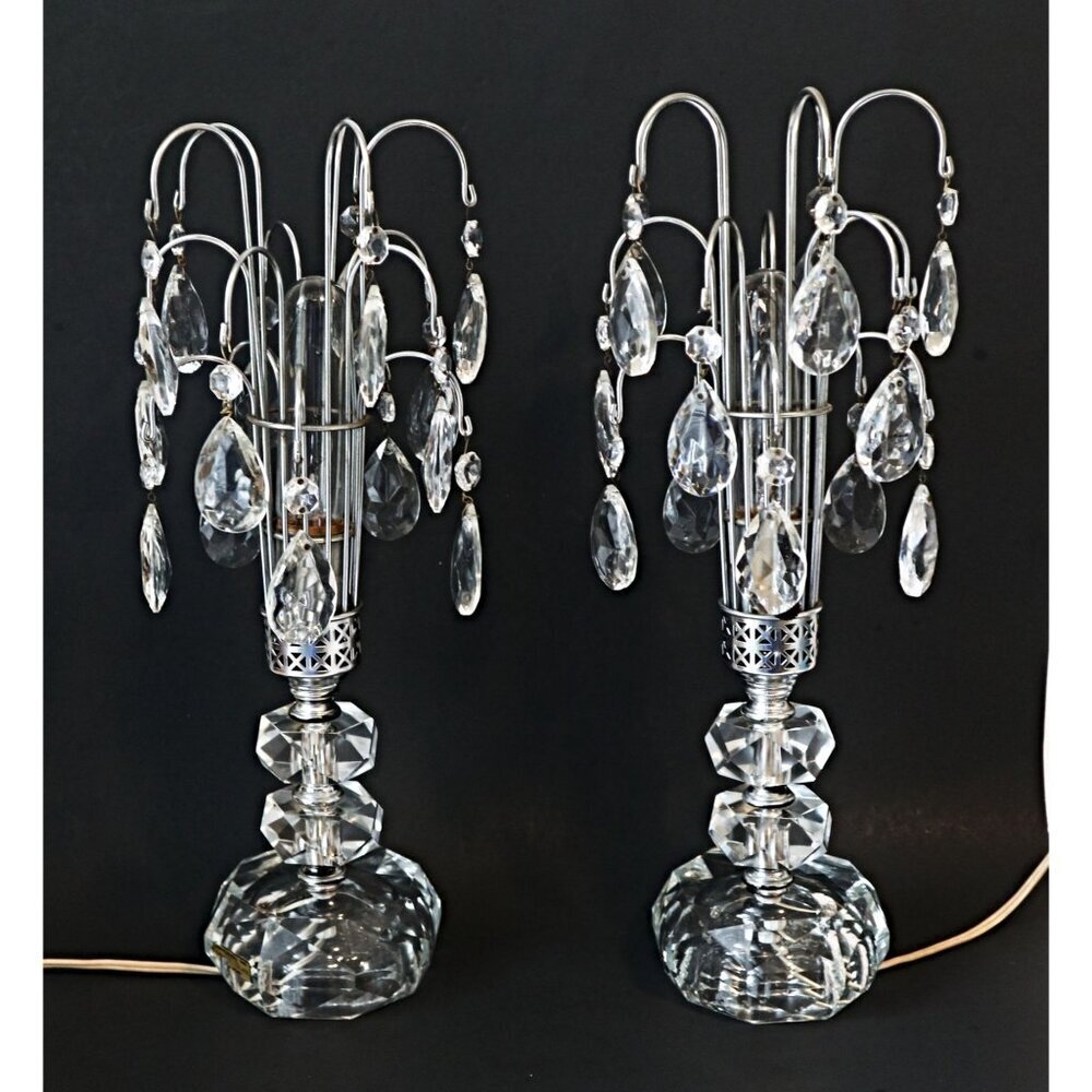 Pair Of Vintage Hollywood Regency Crystal & Chrome Table Lamps